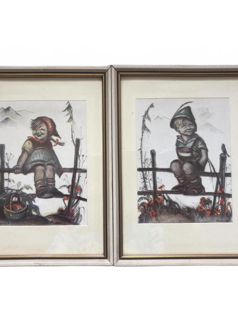 M.I. Hummel Sitting on Fence Framed Prints Made in West Germany 6"x8"